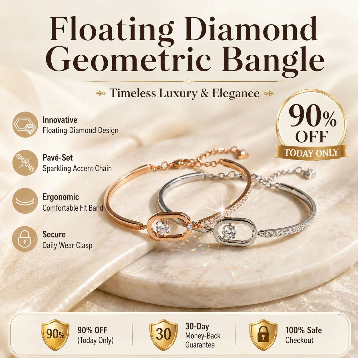 🔥 LAST DAY 90% OFF : Floating Diamond Geometric Bangle – Timeless Luxury &amp; Kinetic Brilliance