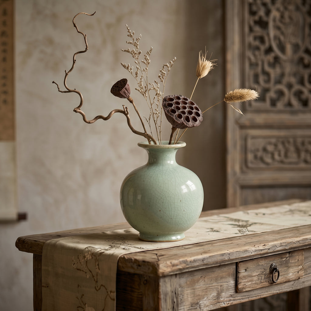 Tranquil Celadon Green Speckled Ceramic Vase
