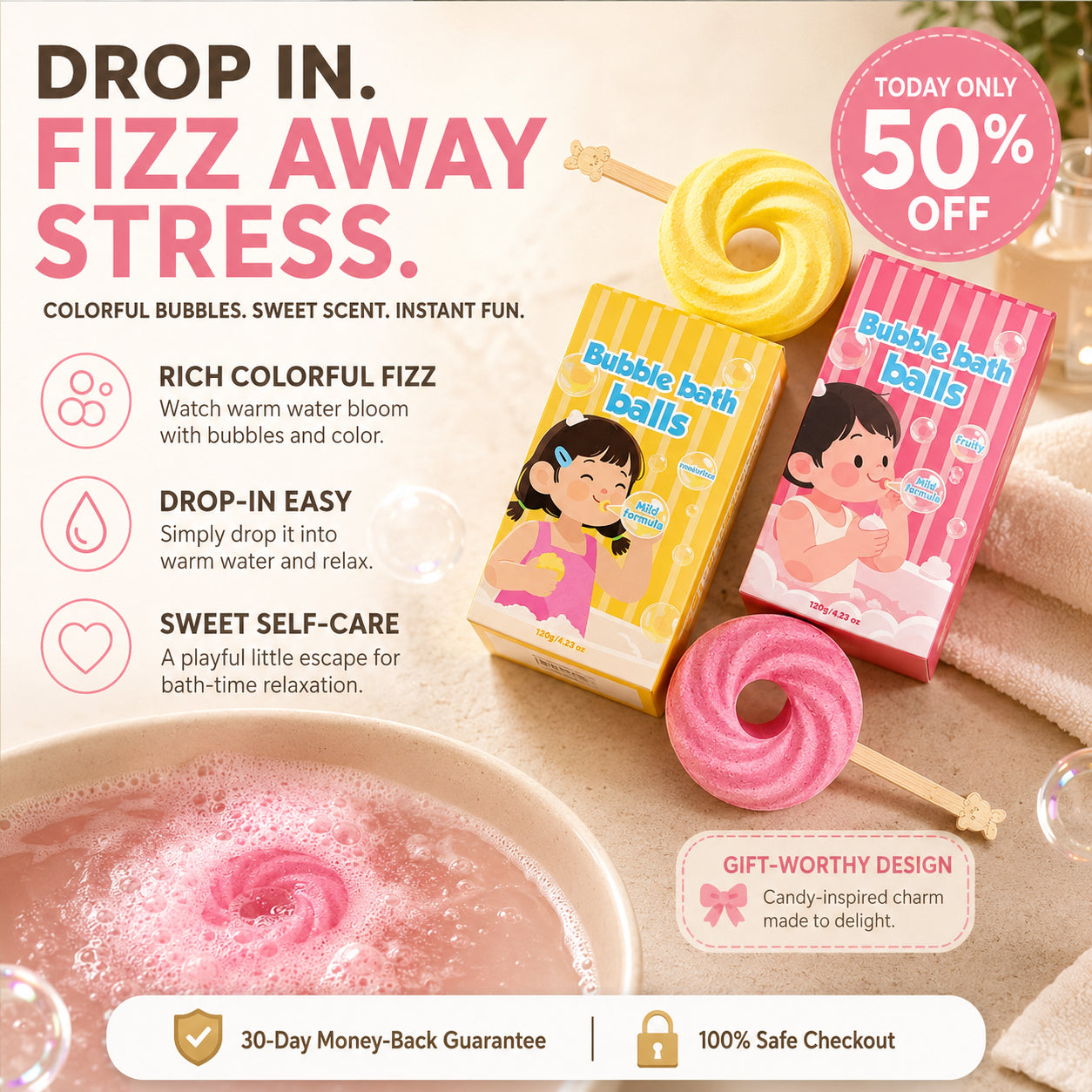 (🎁Last Day 49% OFF)🍭Cute Lollipop Bath Bomb,Colorful Bubble Bath Ball for Fun Bath Time