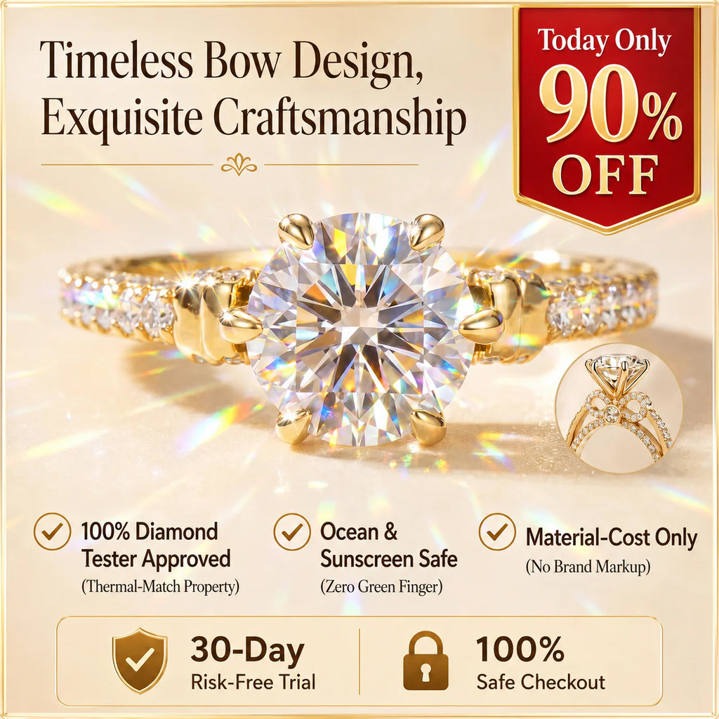 🔥 LAST DAY 90% OFF: Tester-Passing HD-Fire D-VVS1 Flawless Moissanite Vintage Bow Ring in Triple 14K Gold