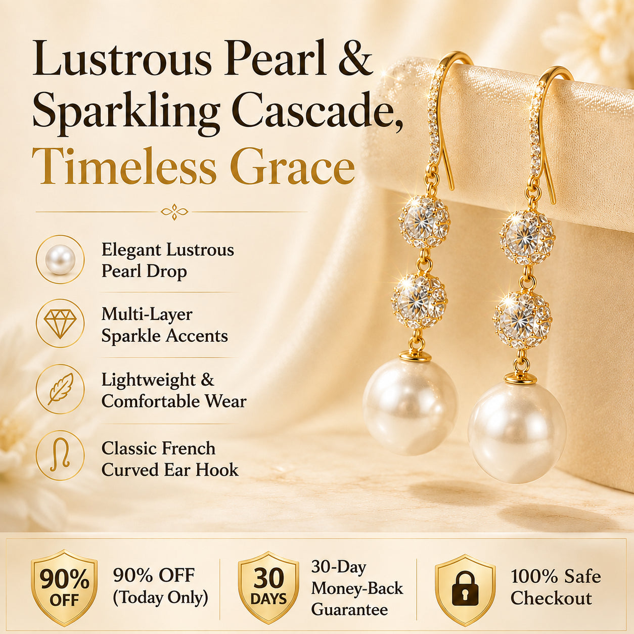 🔥 LAST DAY 90% OFF : Lustrous Pearl & Sparkling Cascade Drop Earrings – Timeless Grace & Modern Luxury