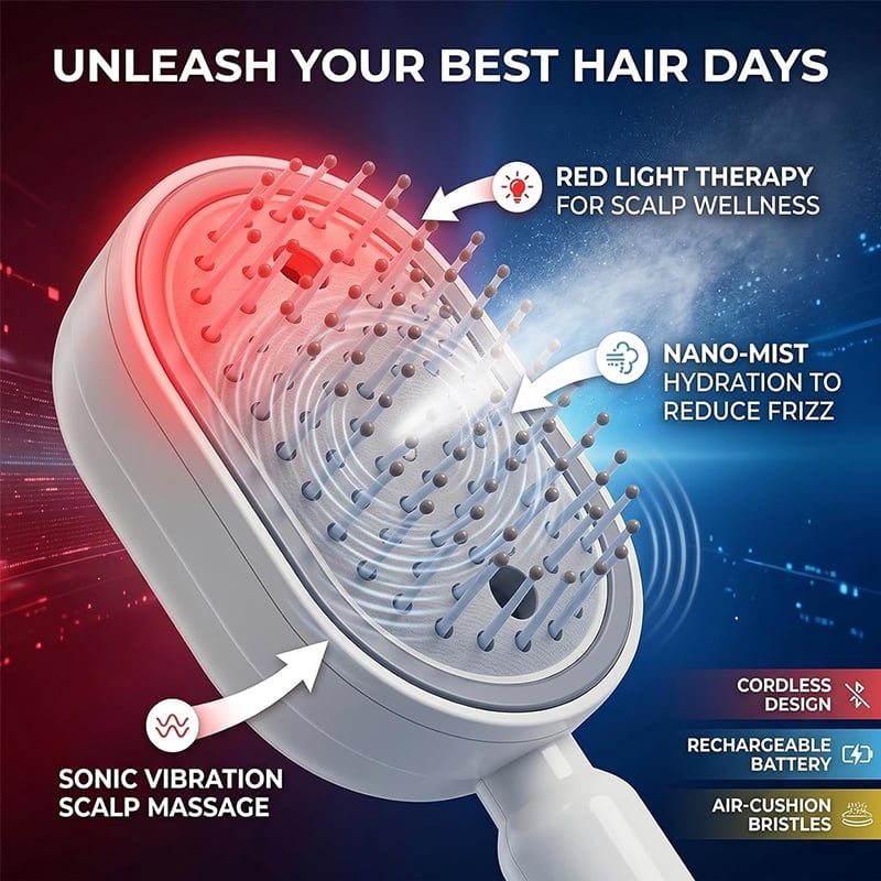 Electric Spray Air Cushion Massage Comb – Self-Cleaning, Anti-Tangle, Anti-Static, Volumizing Hair Brush with Essential Oil Mist Aromatherapy for Hair Care