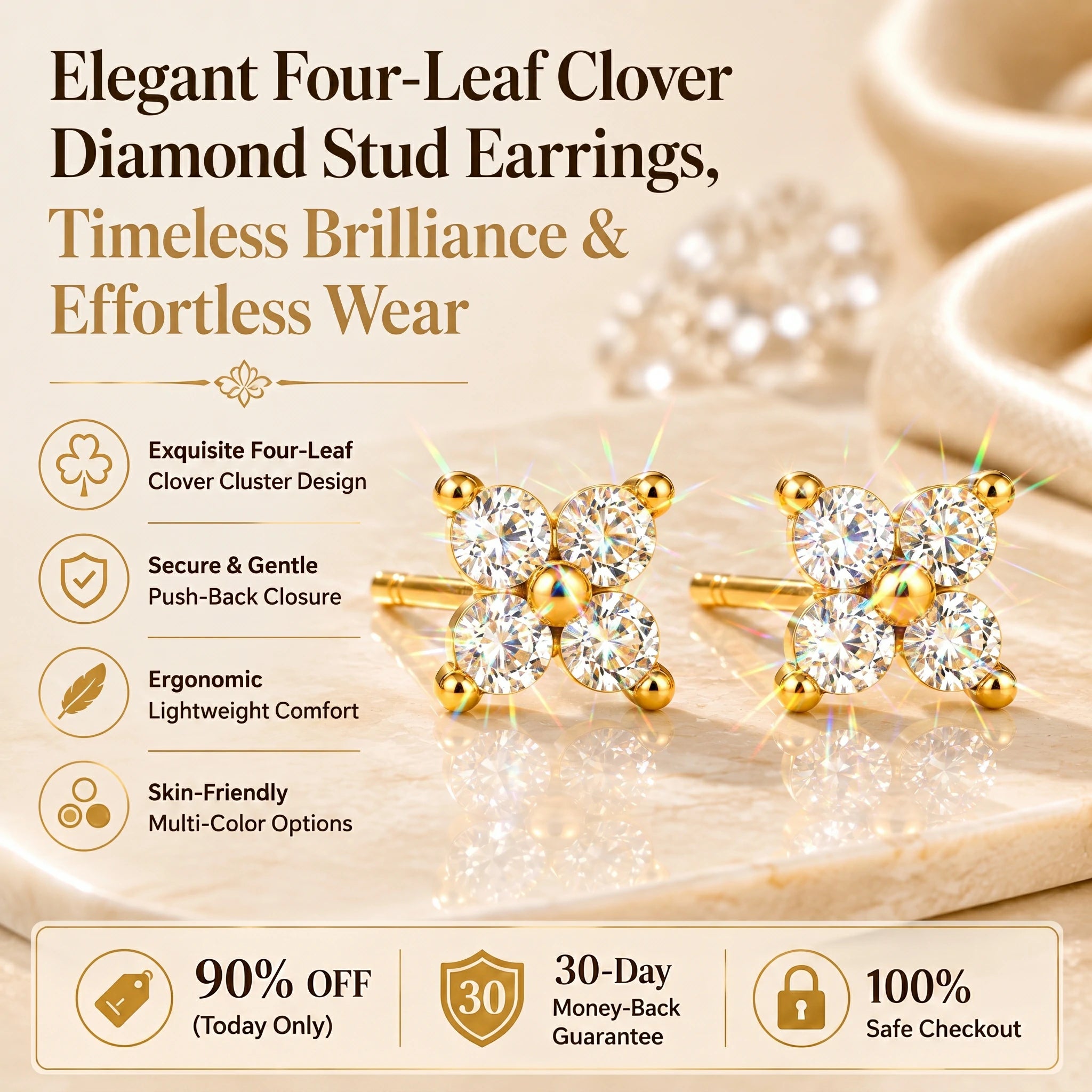 🔥 LAST DAY 90% OFF : Elegant Four-Leaf Clover Moissanite Diamond Stud Earrings – Timeless Luxury & 100% Diamond Tester Approved