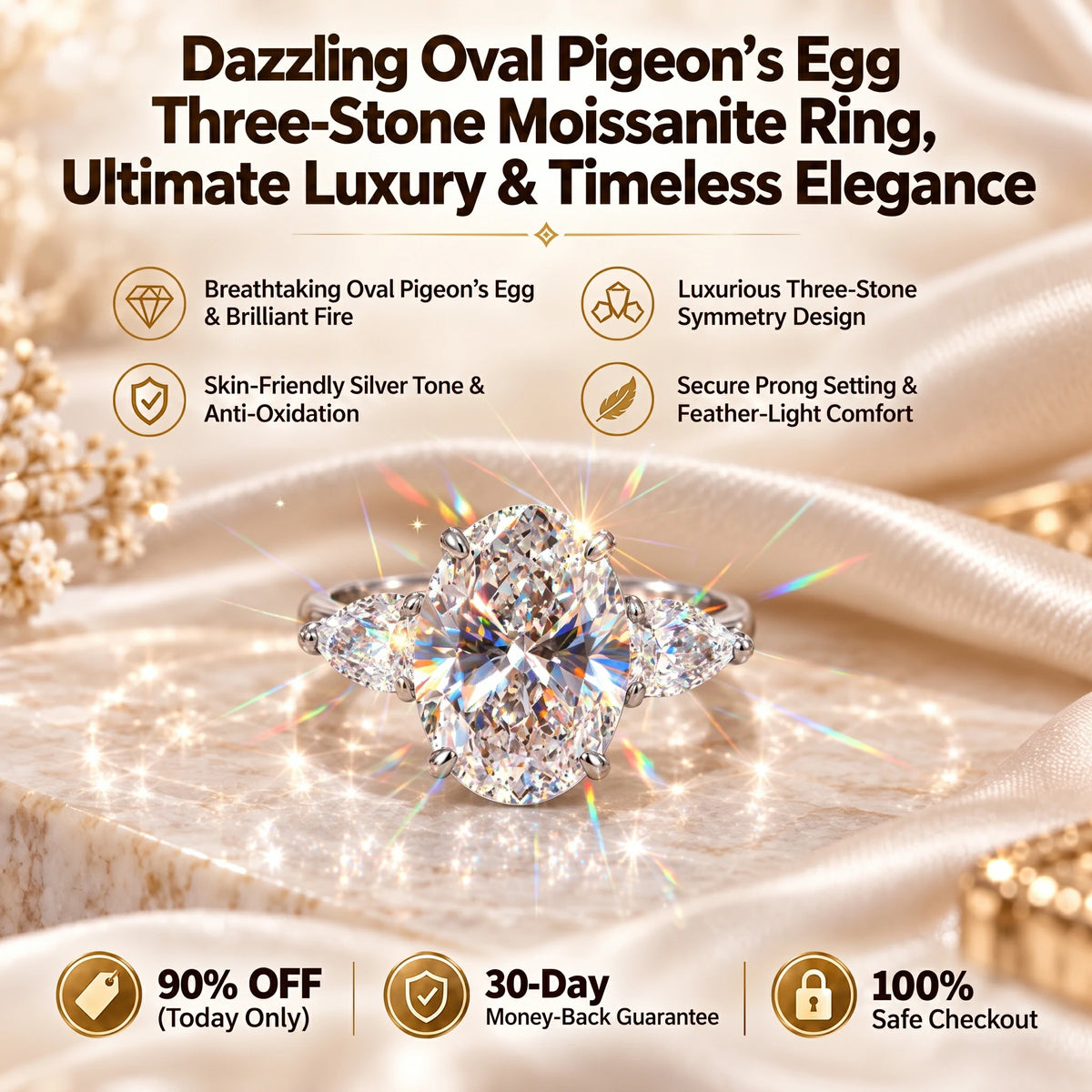 🔥 LAST DAY 90% OFF : Dazzling Oval "Pigeon's Egg" Three-Stone Moissanite Ring – Finger-Slimming Elegance & Five-Figure Brilliance