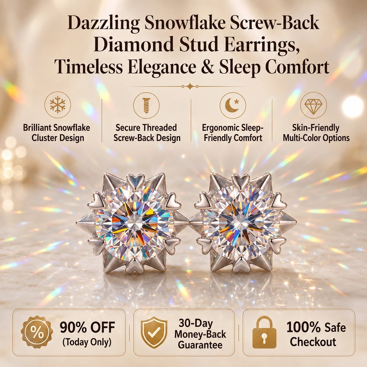 🔥 LAST DAY 90% OFF : Dazzling Snowflake Screw-Back Diamond Stud Earrings – Architectural Brilliance & Sleep-Friendly Comfort