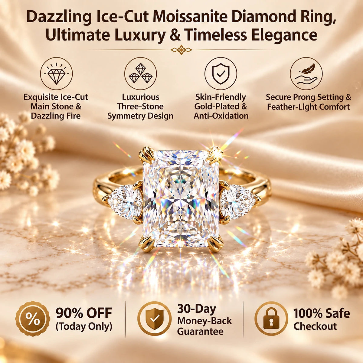 🔥 LAST DAY 90% OFF : Dazzling Ice-Cut Moissanite Diamond Ring (1.5CT - 5.0CT) | 18K Gold Plated S925 Three-Stone Radiant Ring with Trillion Accents