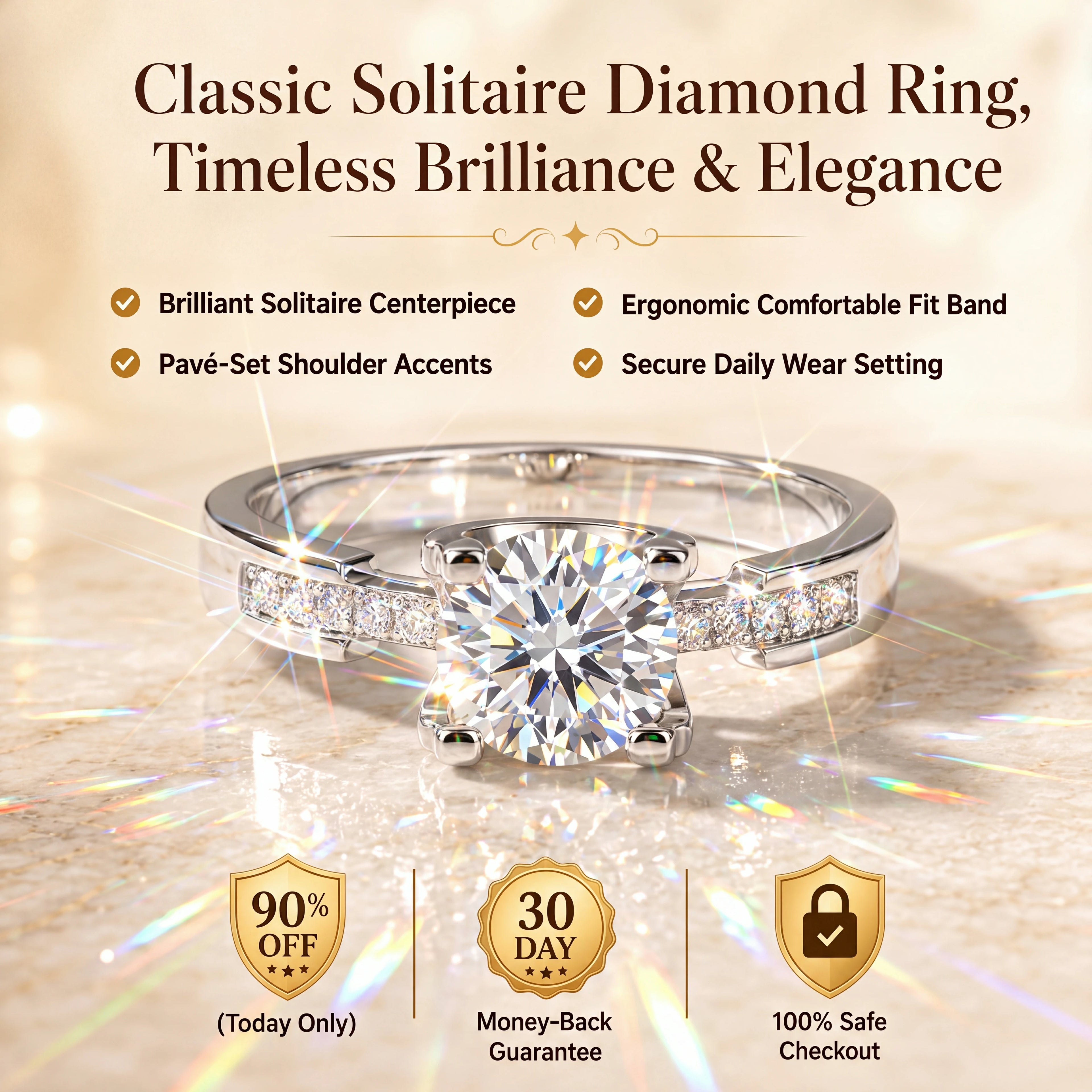 🔥90% OFF TODAY ONLY：Classic Solitaire Pavé Diamond Ring – Timeless Brilliance &amp; Ergonomic Comfort Fit