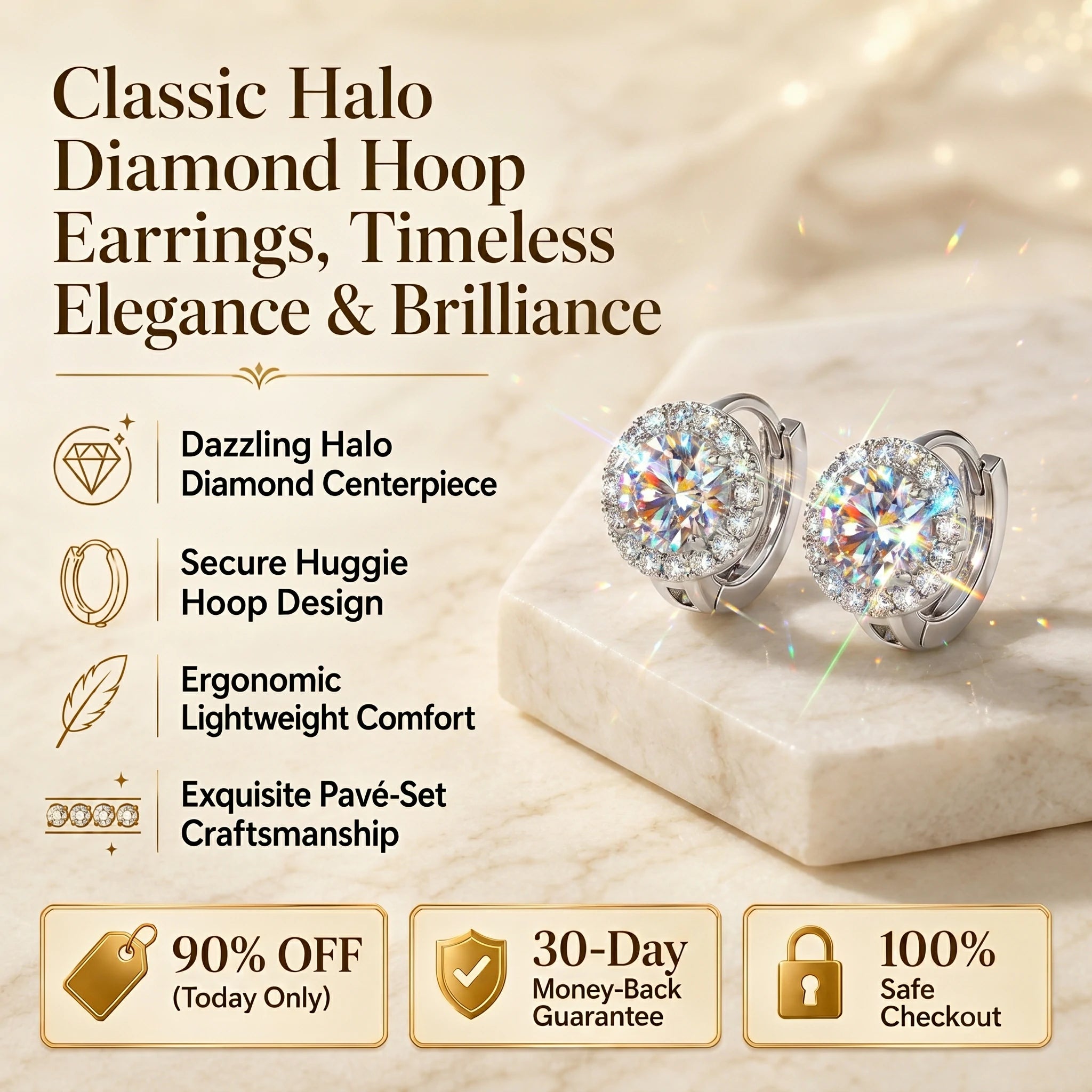 🔥 LAST DAY 90% OFF : Classic Halo Diamond Huggie Hoop Earrings – Timeless Elegance & Secure Brilliance
