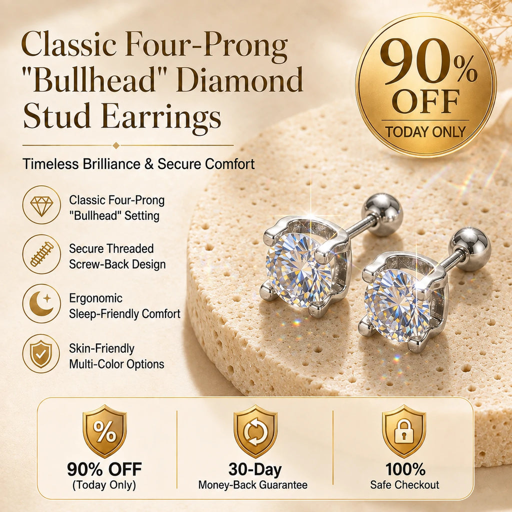 🔥 LAST DAY 90% OFF : Classic Four-Prong "Bullhead" Diamond Stud Earrings (Secure Screw-Back) – Timeless Brilliance & Sleep-Friendly Comfort