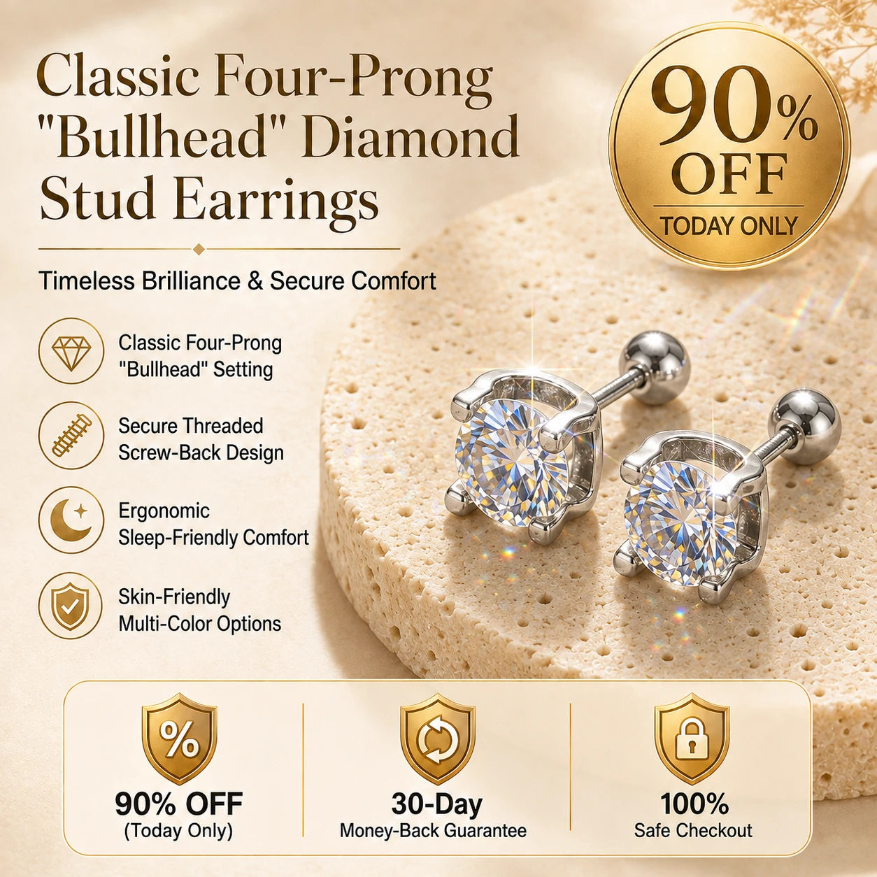 🔥 LAST DAY 90% OFF : Classic Four-Prong "Bullhead" Diamond Stud Earrings (Secure Screw-Back) – Timeless Brilliance & Sleep-Friendly Comfort