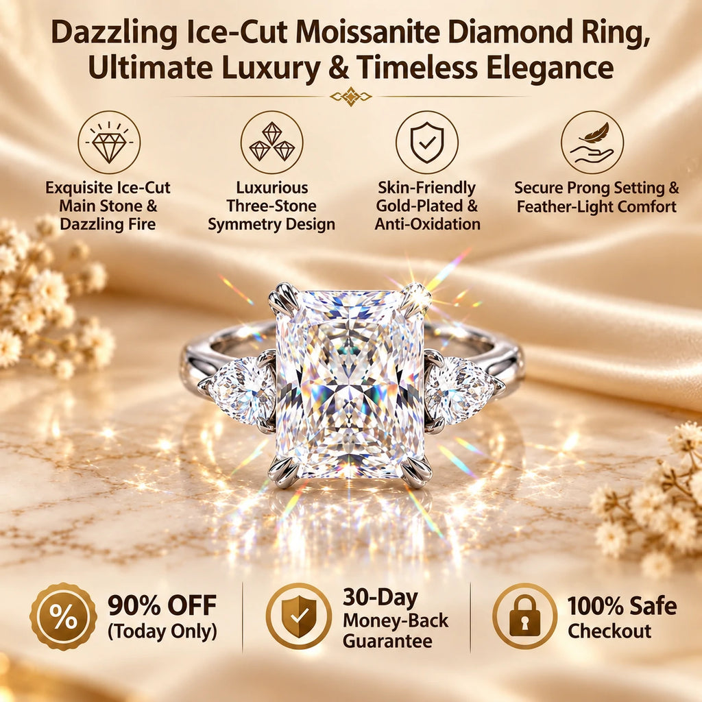 🔥 LAST DAY 90% OFF : Dazzling Ice-Cut Moissanite Diamond Ring (1.5CT - 5.0CT) | 18K Gold Plated S925 Three-Stone Radiant Ring with Trillion Accents