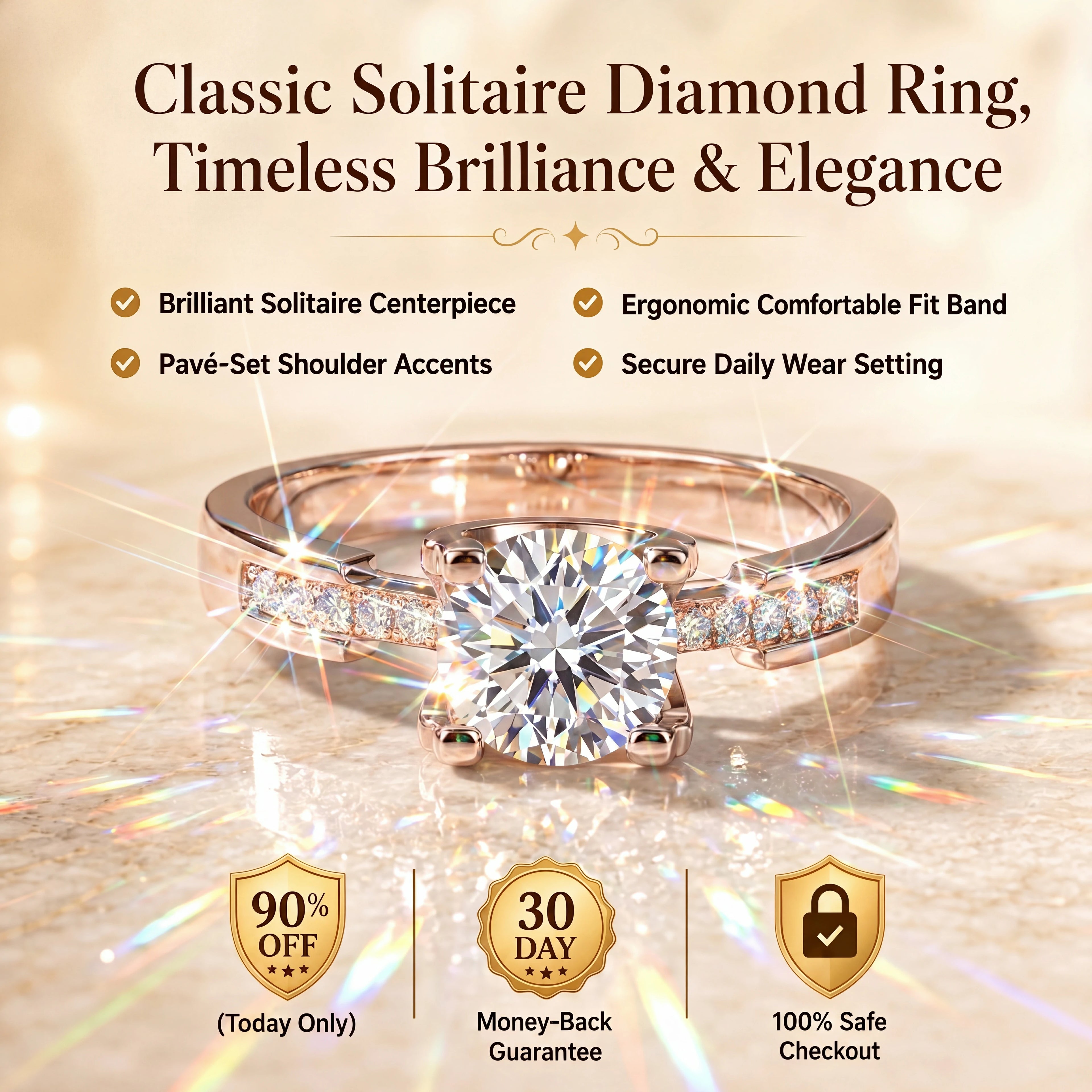 🔥90% OFF TODAY ONLY：Classic Solitaire Pavé Diamond Ring – Timeless Brilliance &amp; Ergonomic Comfort Fit