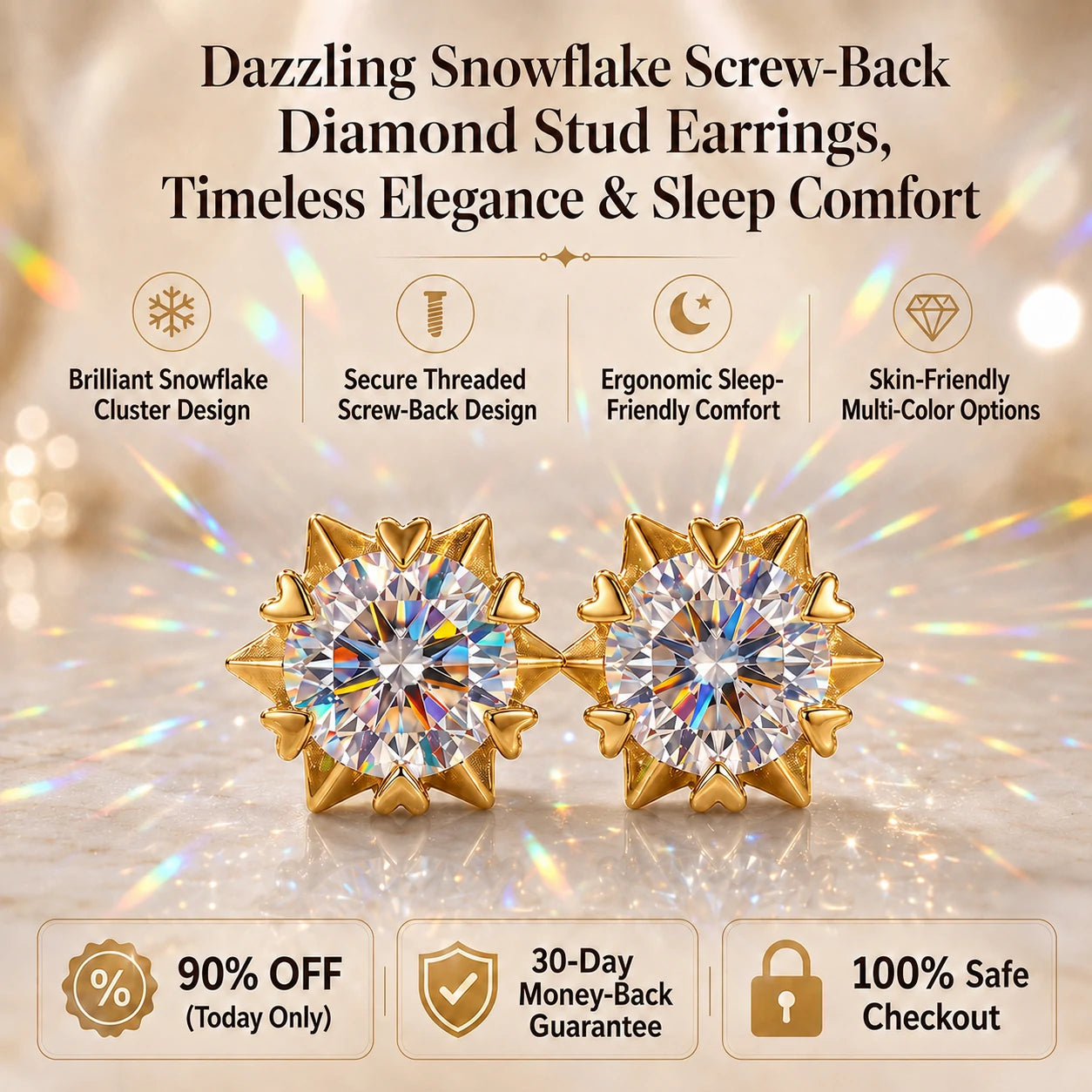 🔥 LAST DAY 90% OFF : Dazzling Snowflake Screw-Back Diamond Stud Earrings – Architectural Brilliance & Sleep-Friendly Comfort