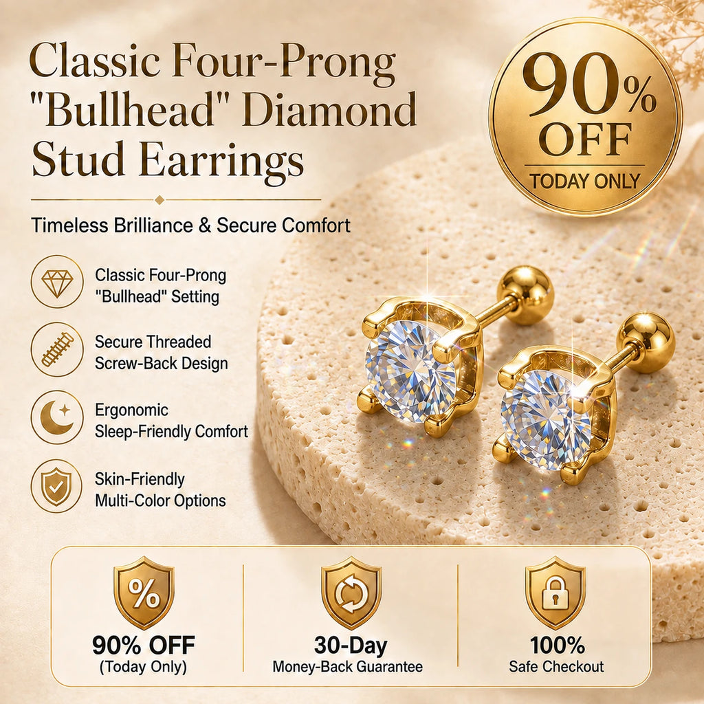 🔥 LAST DAY 90% OFF : Classic Four-Prong "Bullhead" Diamond Stud Earrings (Secure Screw-Back) – Timeless Brilliance & Sleep-Friendly Comfort