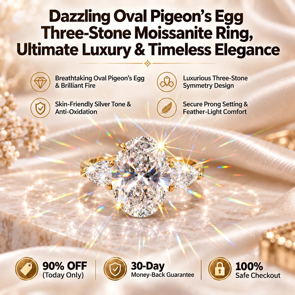 🔥 LAST DAY 90% OFF : Dazzling Oval "Pigeon's Egg" Three-Stone Moissanite Ring – Finger-Slimming Elegance & Five-Figure Brilliance