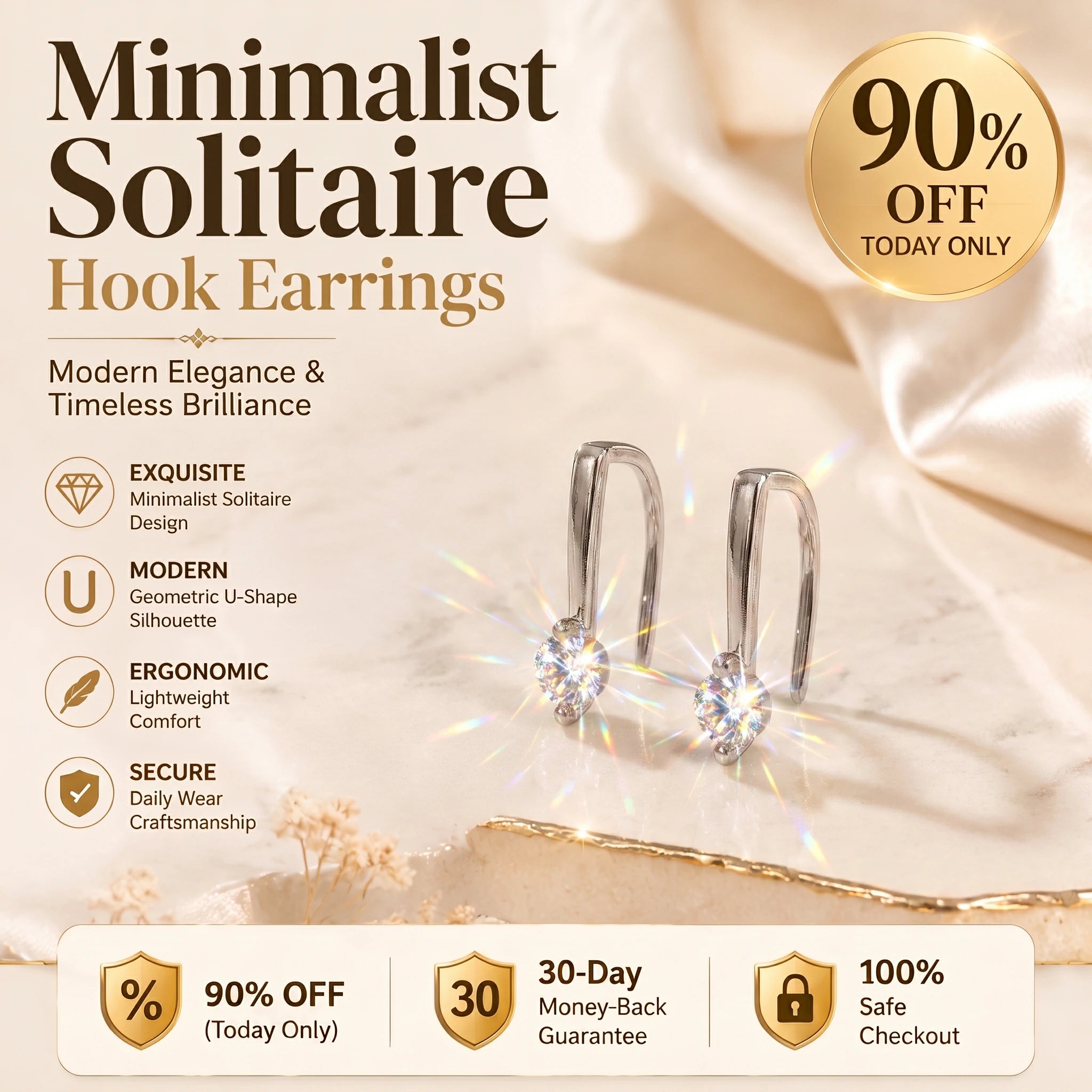 🔥 LAST DAY 90% OFF : Minimalist Solitaire U-Shape Hook Earrings – Easy-On Comfort & Timeless Brilliance