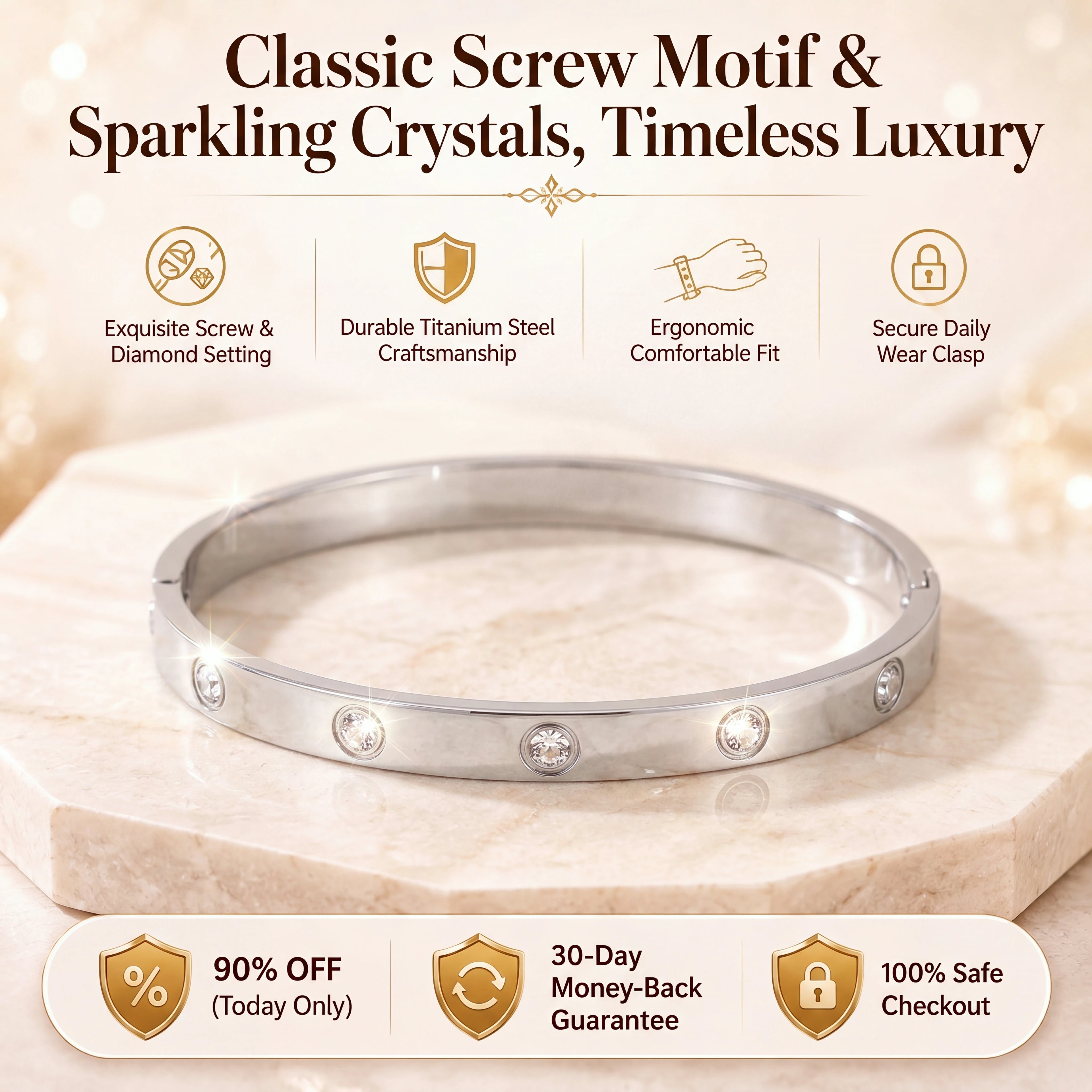 🔥 LAST DAY 90% OFF : Classic Screw Motif & Sparkling Crystal Bangle Bracelet – Timeless Luxury & Waterproof Titanium Steel