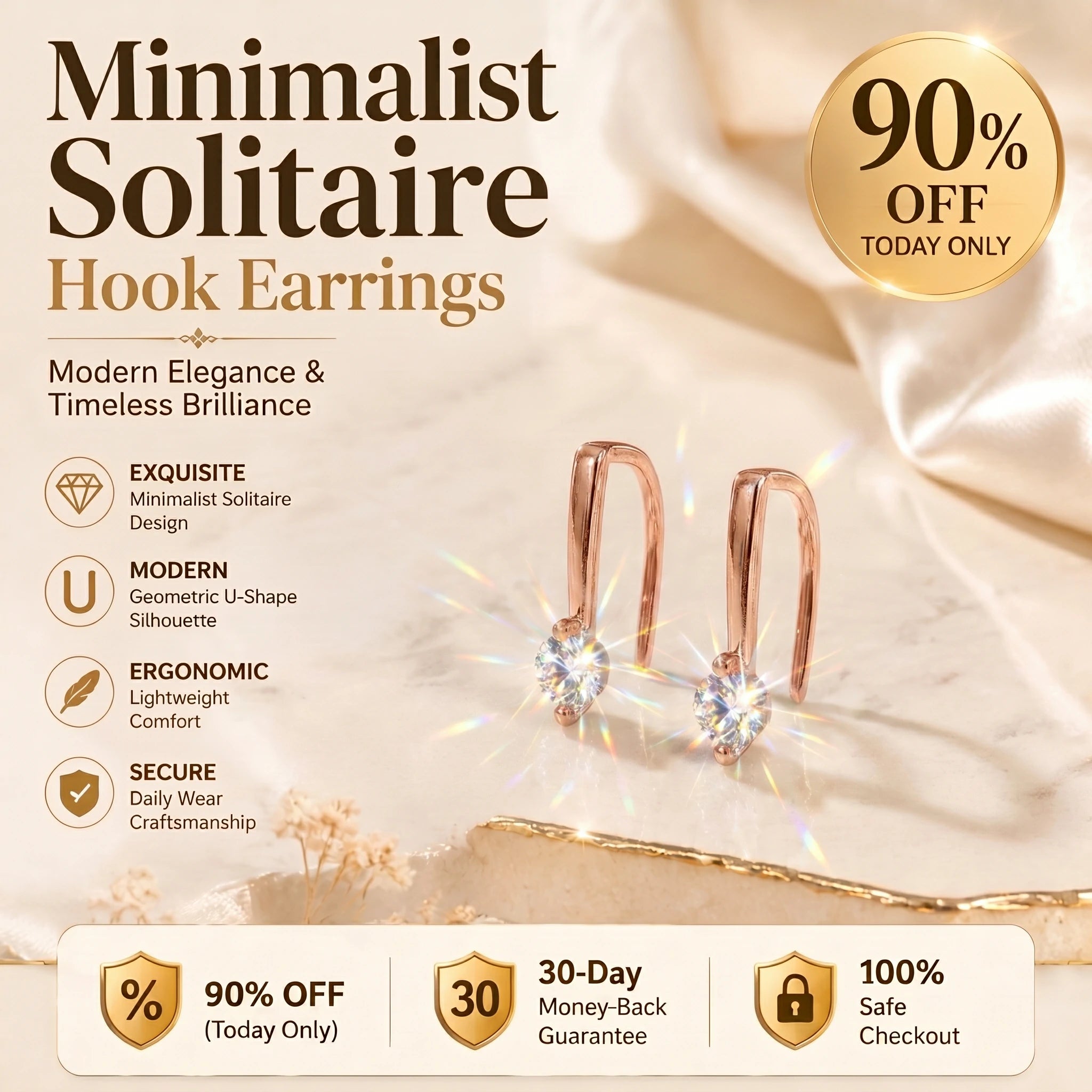 🔥 LAST DAY 90% OFF : Minimalist Solitaire U-Shape Hook Earrings – Easy-On Comfort & Timeless Brilliance