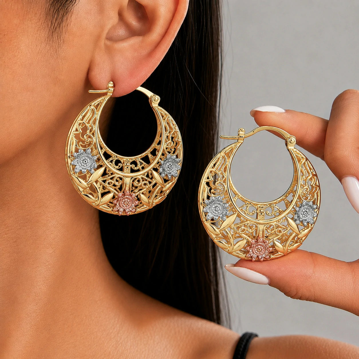 🔥 LAST DAY 90% OFF : The Vintage "Tri-Tone Filigree" Crescent Earrings