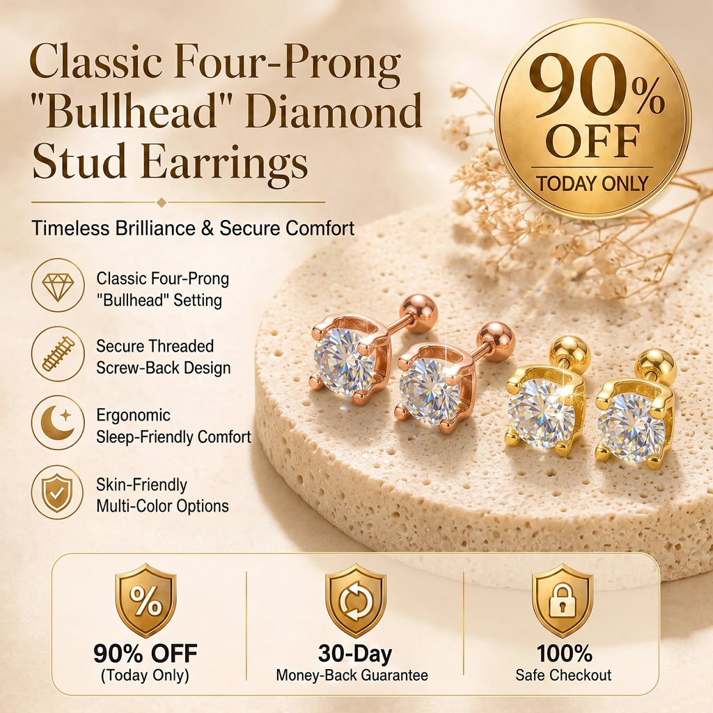 🔥 LAST DAY 90% OFF : Classic Four-Prong "Bullhead" Diamond Stud Earrings (Secure Screw-Back) – Timeless Brilliance & Sleep-Friendly Comfort
