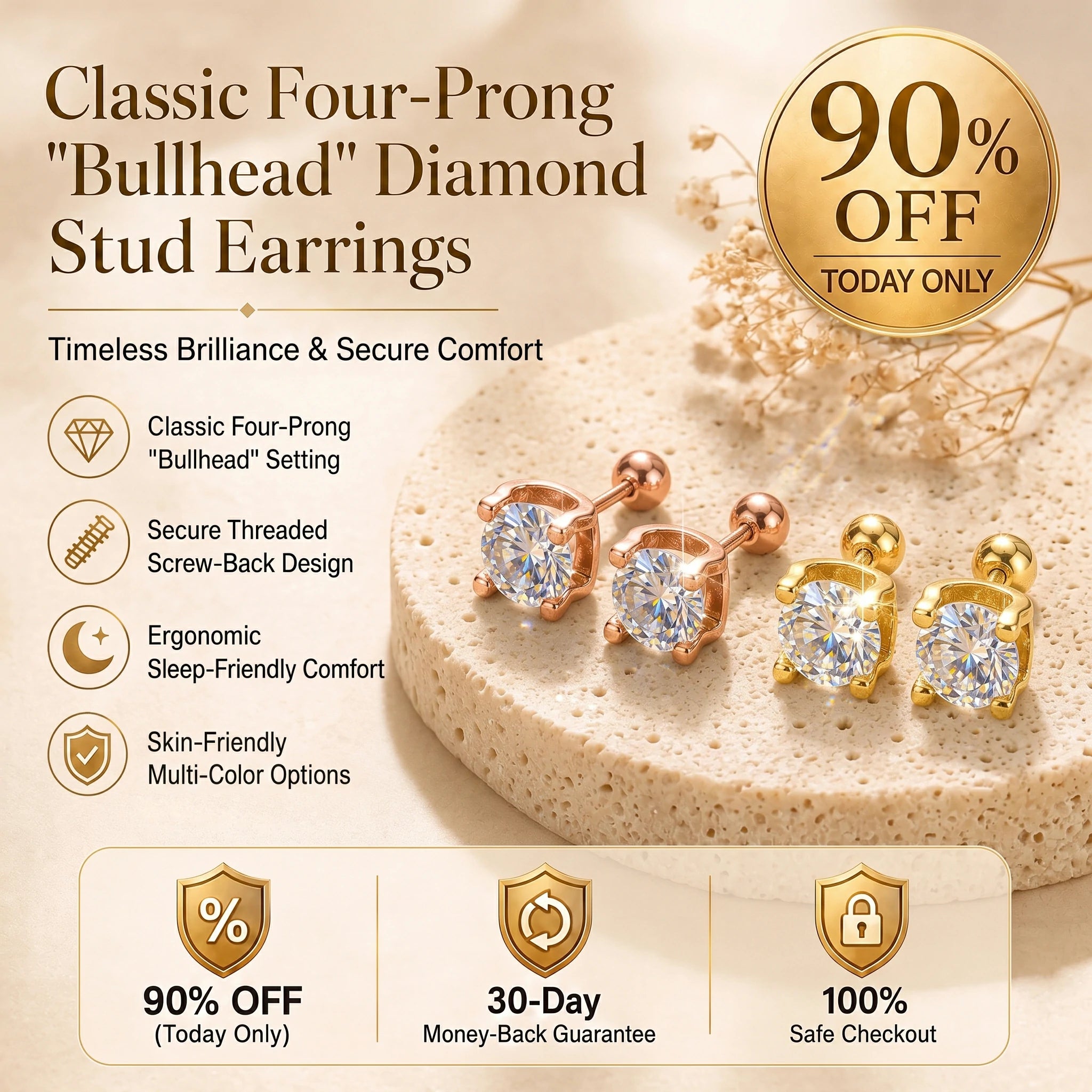🔥 LAST DAY 90% OFF : Classic Four-Prong "Bullhead" Diamond Stud Earrings (Secure Screw-Back) – Timeless Brilliance & Sleep-Friendly Comfort