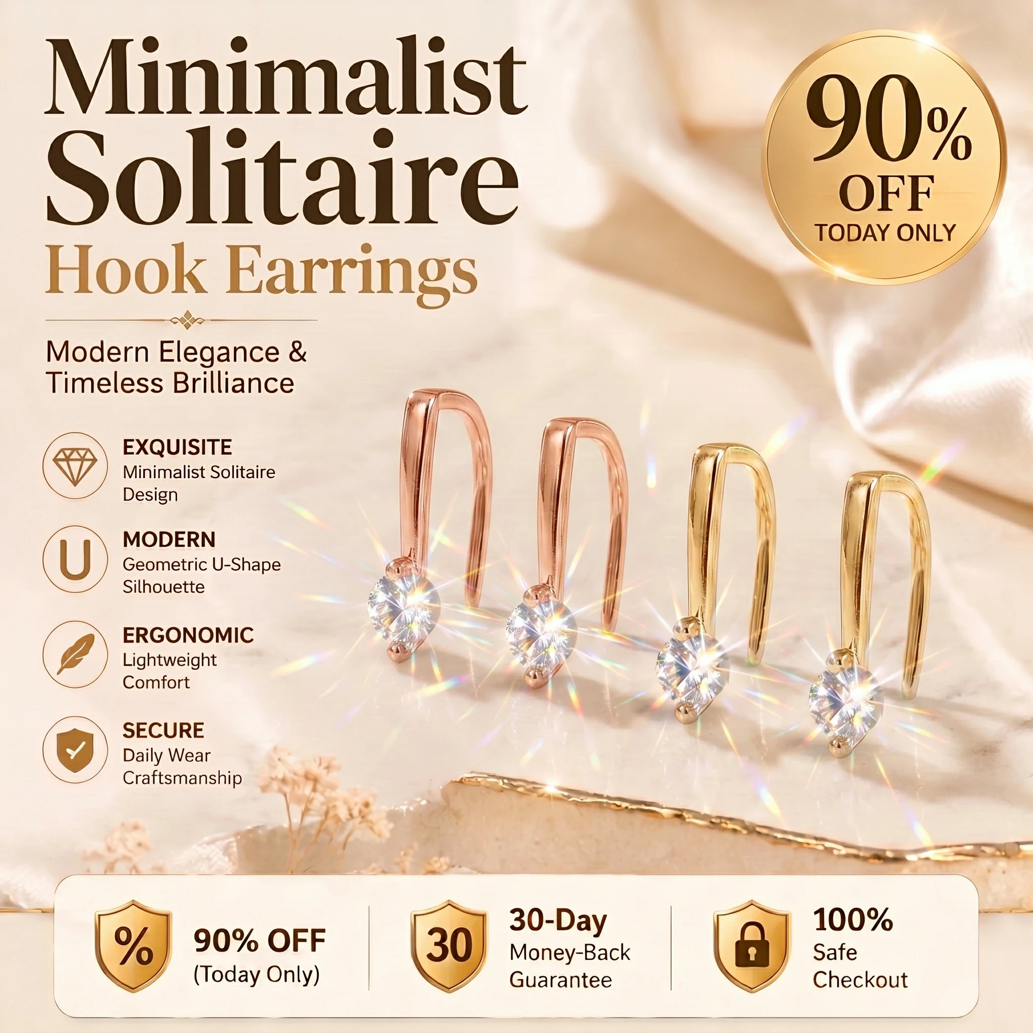 🔥 LAST DAY 90% OFF : Minimalist Solitaire U-Shape Hook Earrings – Easy-On Comfort & Timeless Brilliance