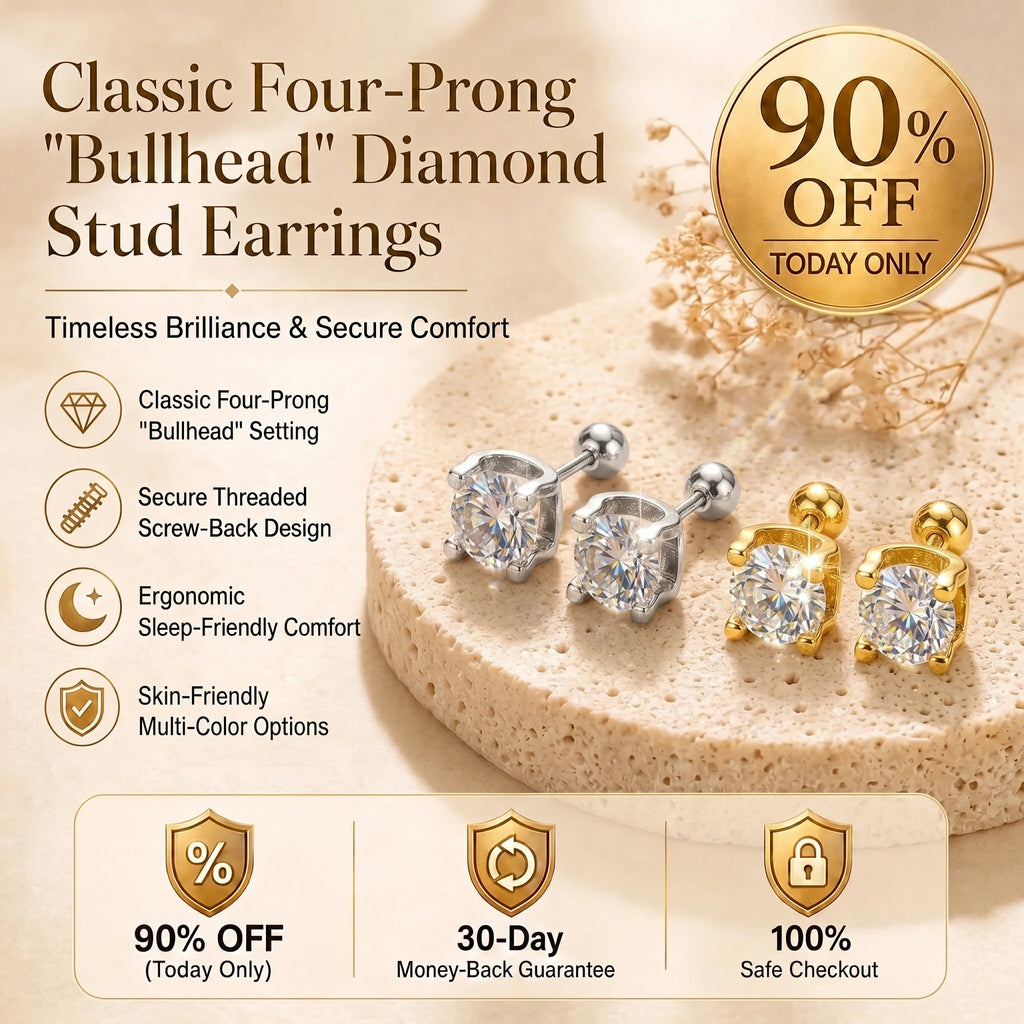 🔥 LAST DAY 90% OFF : Classic Four-Prong "Bullhead" Diamond Stud Earrings (Secure Screw-Back) – Timeless Brilliance & Sleep-Friendly Comfort
